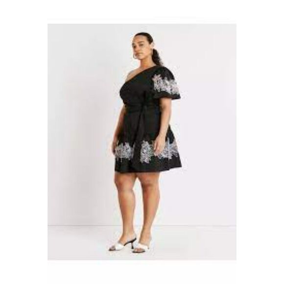 TANYA TAYLOR "Amber" Embroidered One Shoulder Mini Dress in Black Size 20 - Picture 3 of 3